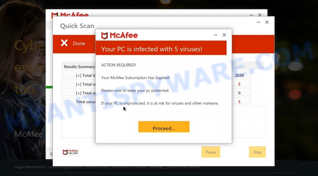 Pc-protections.com McAfee Security fake scan results