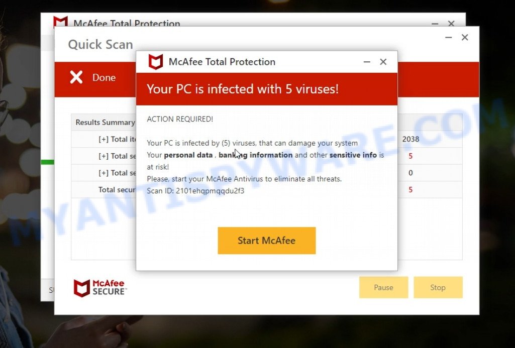 Powersoftwarepc.com mcAfee fake scan results