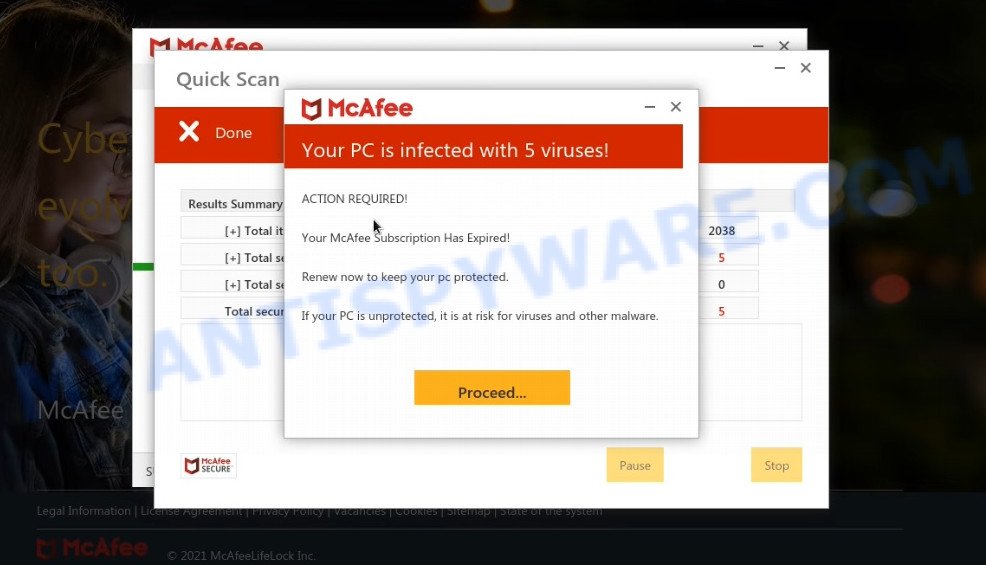 Securitysystempc.online McAfee fake scan results