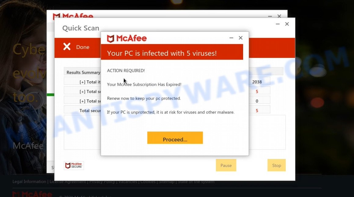 Webprotectionsurveys.live McAfee fake scan results
