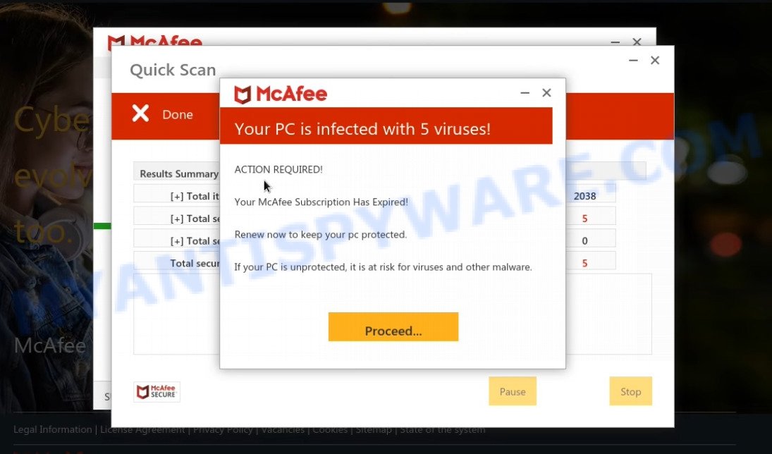 Yourswebprotector.online mcAfee fake scan results