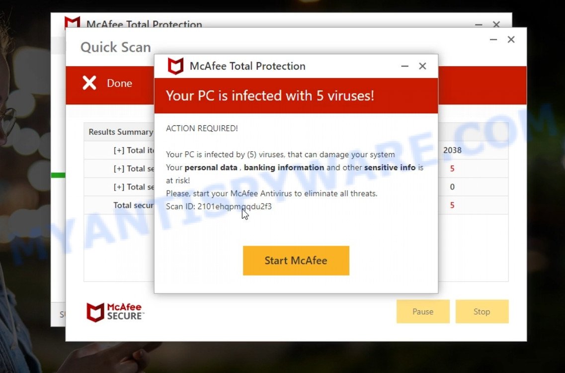 Basicnetworkpc.com McAfee fake scan results