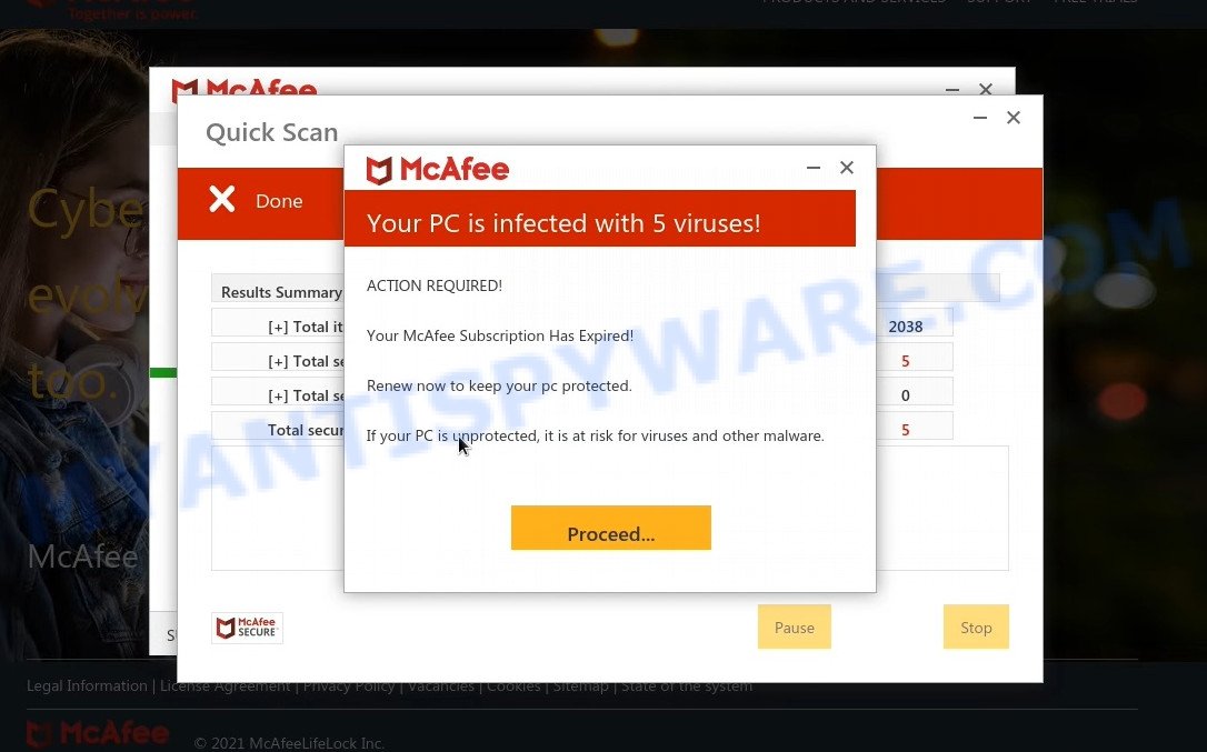 Defendpcpro.xyz McAfee fake scan results