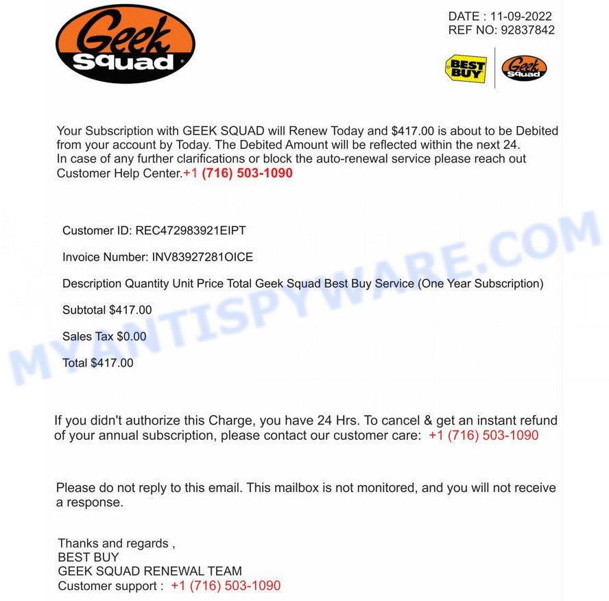 Geek Squad EMAIL SCAM Geek Squad Best Buy Service 1090