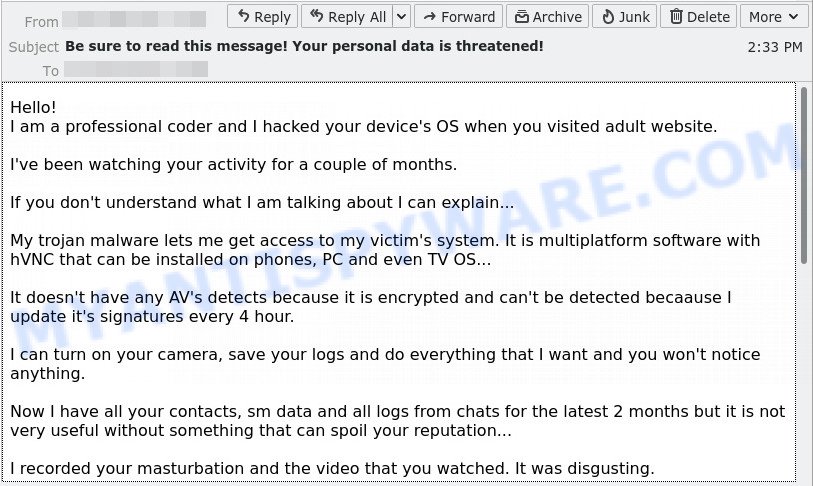 I hacked your device EMAIL SCAM