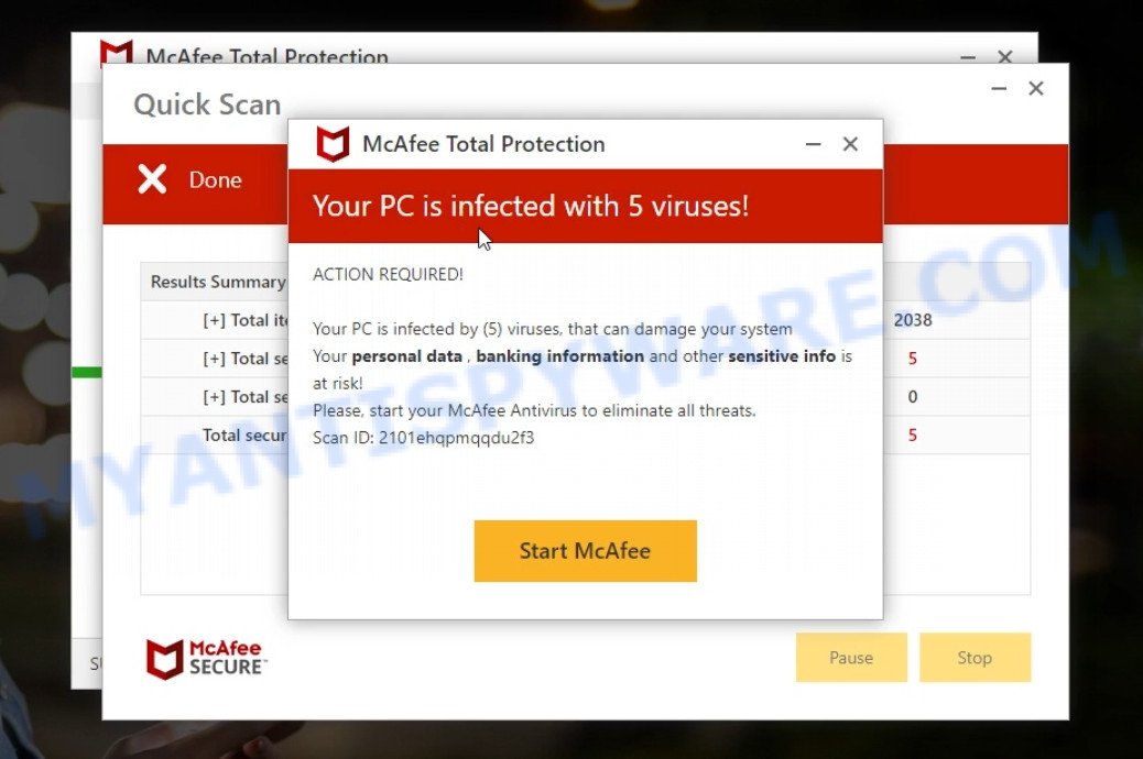 Nativepclink.com McAfee fake scan results