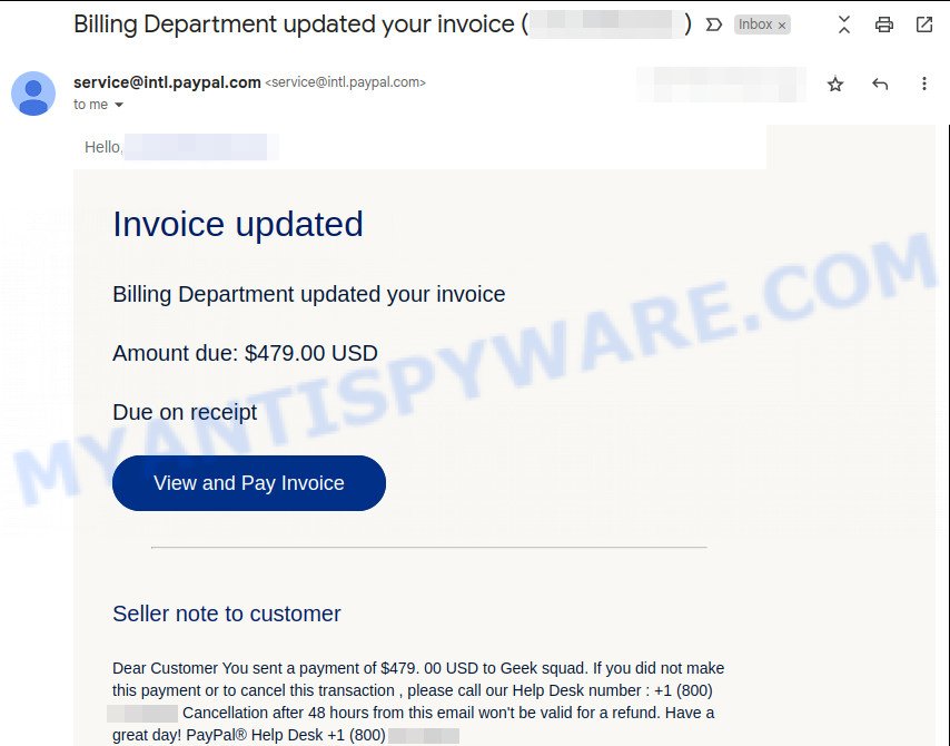 PayPal Geek Squad Scam Billing Email Invoice