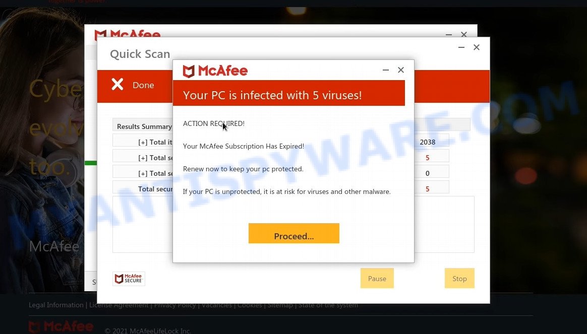 Protect2023.xyz fake McAfee scan results
