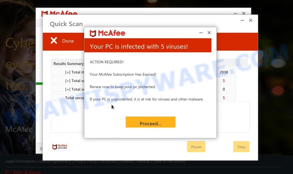 Protectionservicespc.site McAfee fake scan results