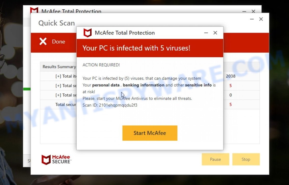 Protectwatcher.xyz McAfee fake scan results