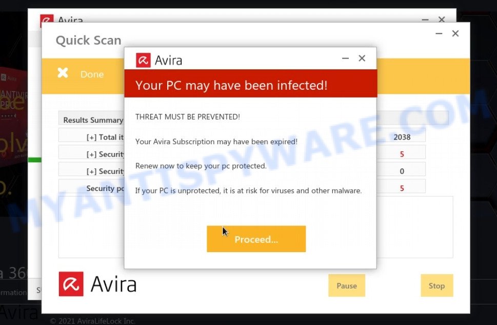 SecureMyDatabase.live Avira Security fake scan results