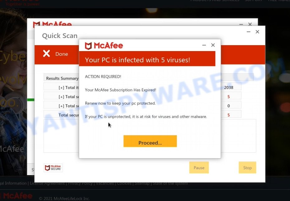 Utilityguard.info fake McAfee Antivirus scan results