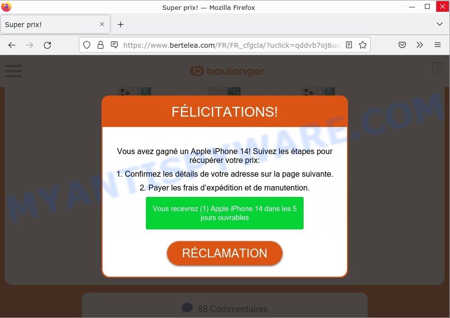 Bertelea.com Win iPhone 14 Scam page