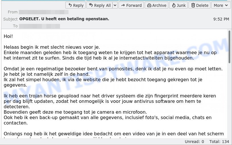 Helaas begin ik met slecht nieuws voor je Email Scam