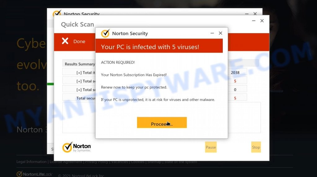 Reportyourdefenderdata.site Norton fake scan results