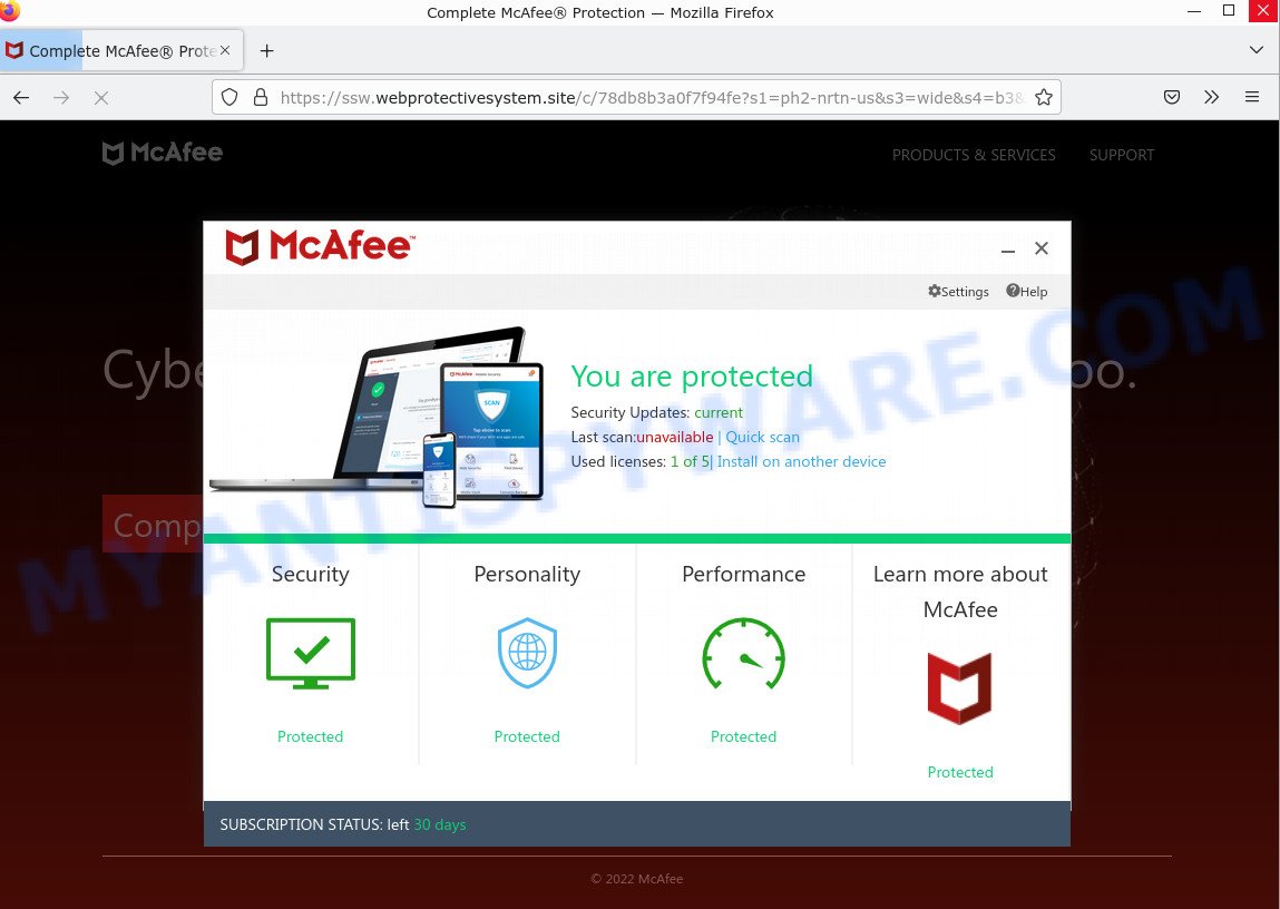 Webprotectivesystem.site McAfee Protection Scam