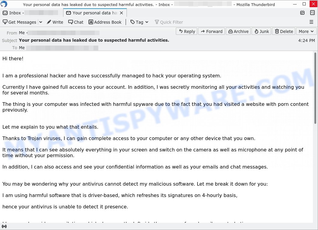 Your personal data has leaked due to suspected harmful activities Email Scam