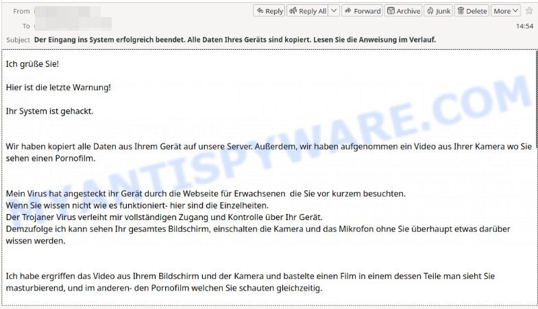 Ihr System ist gehackt Email Scam