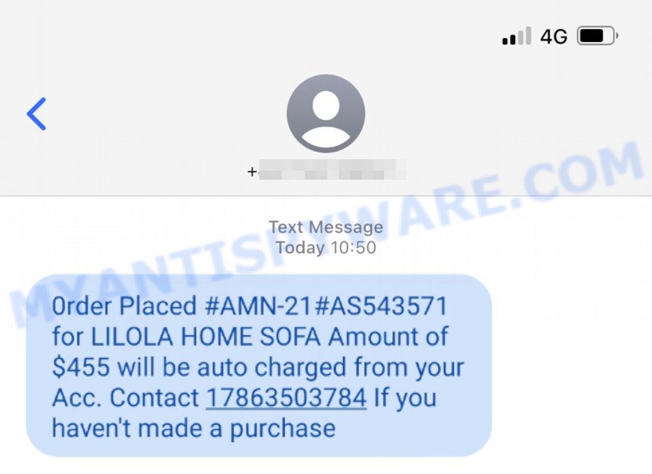 Lilola Home Sofa Scam Text Order Placed Message