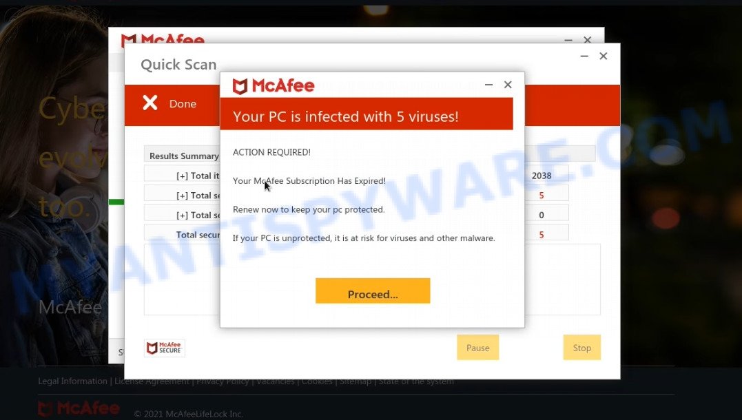 MyDailySecuritySupport.com McAfee fake scan results