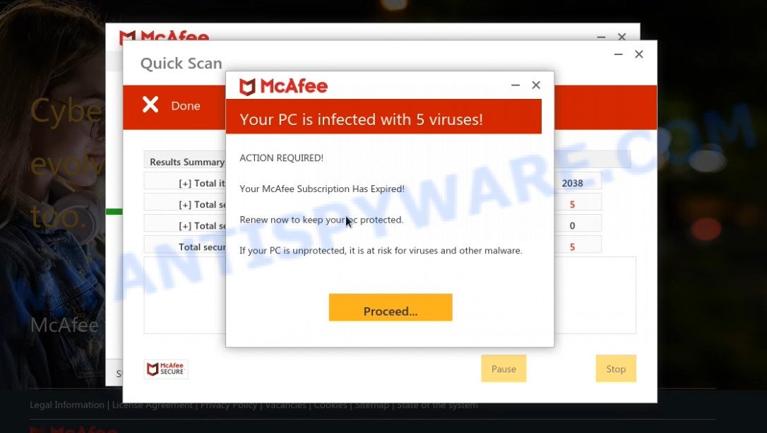 Mypcdefenderplus.site fake McAfee Scan results
