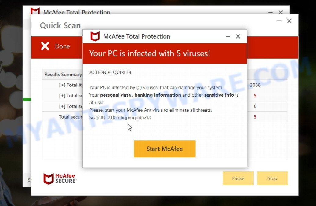 Protectusonline.xyz fake McAfee scan results