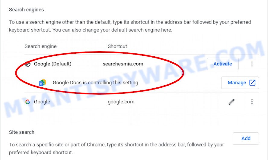 Searchesmia.com Google Docs Chrome virus