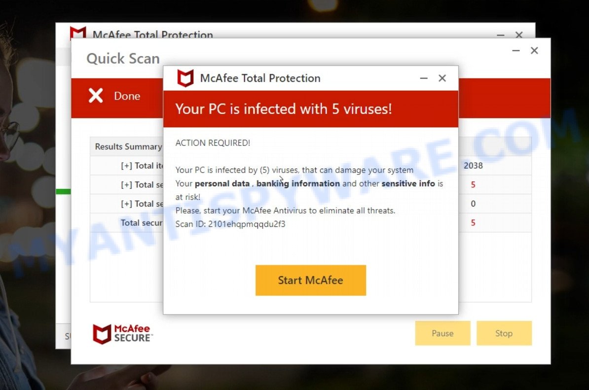 Validitysupport.com fake McAfee scan results