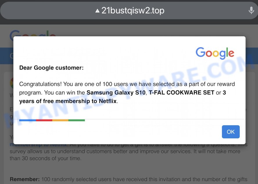 dear google customer congratulations pop-up