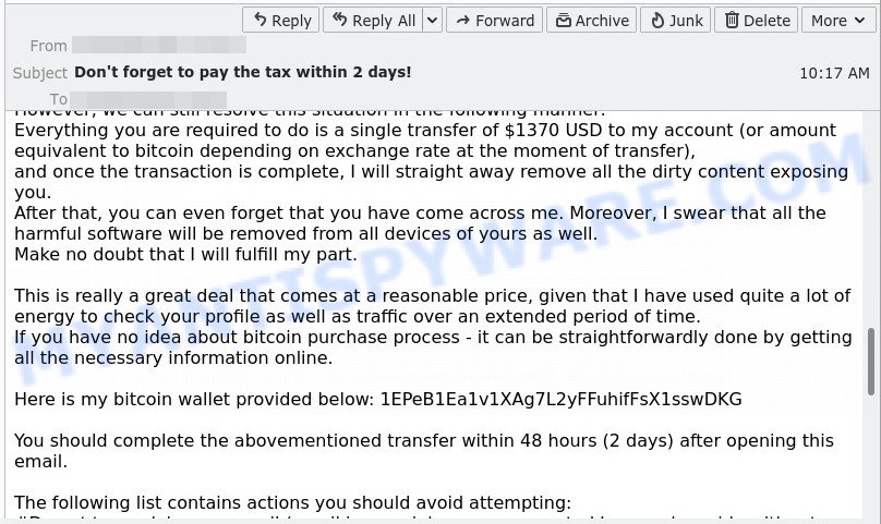 1EPeB1Ea1v1XAg7L2yFFuhifFsX1sswDKG Bitcoin Email Scam