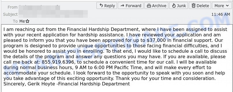 Financial Hardship Department Scam Email