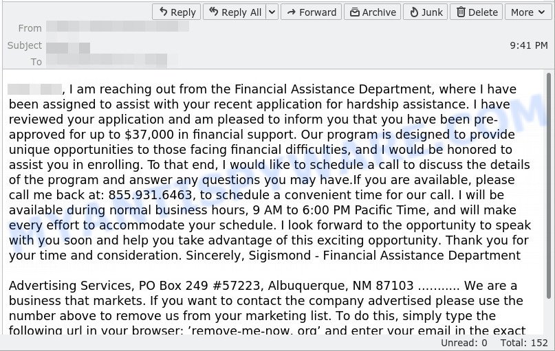 Financial Assistance Department Email Scam