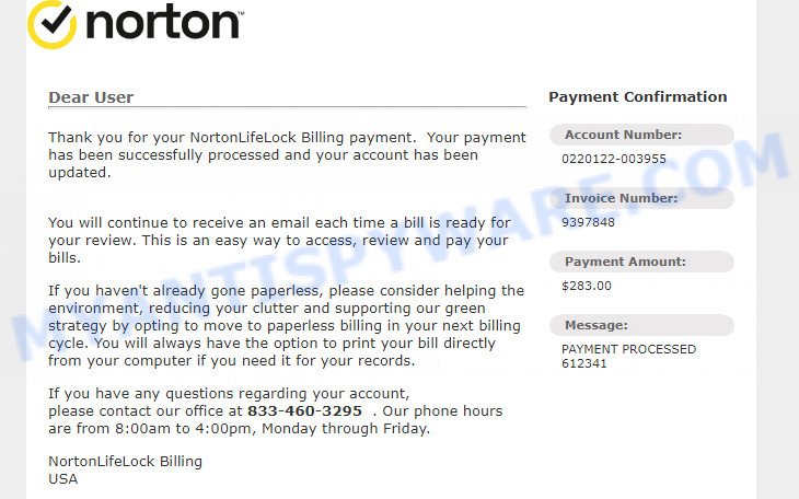 NortonLifeLock Billing Payment Scam Email