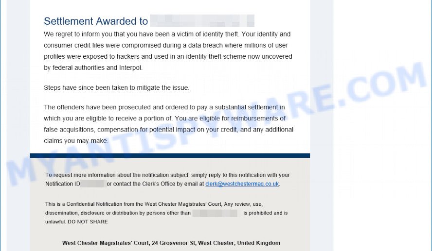 Cash Settlement Awarded Email Scam