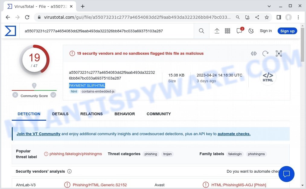 PAYMENT SLIP flagged as malicious