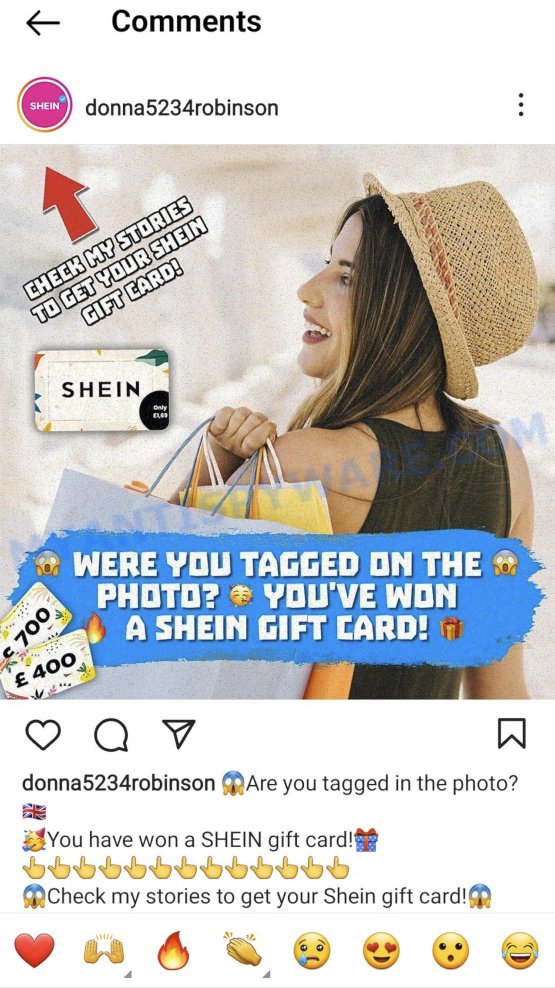 SHEIN Gift Card Instagram Scam comment