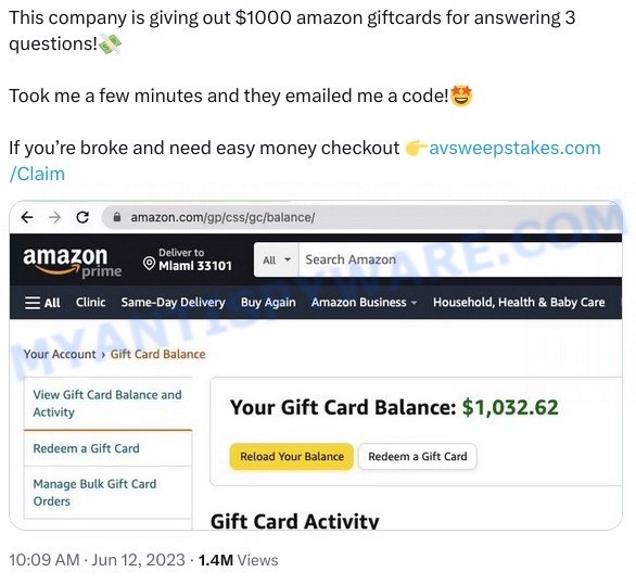 Avsweepstakes.com Scam Twitter post