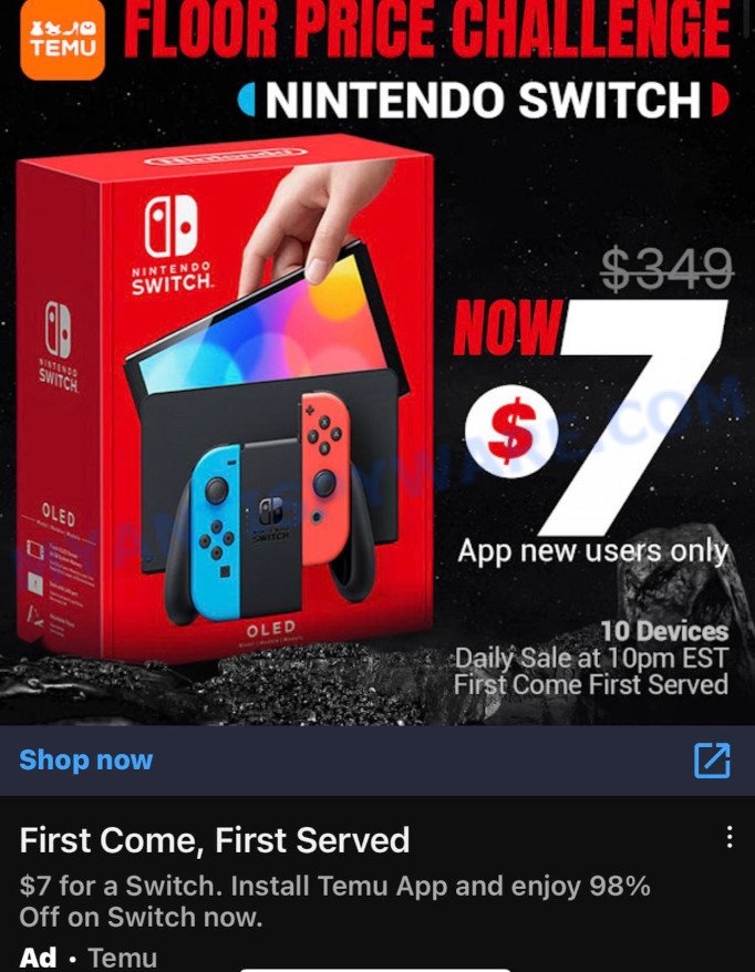 Temu Nintendo Switch Deal ads