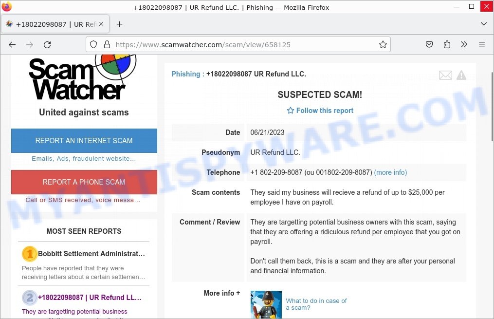 UR Refund LLC Phone Calls Scamwatcher reviews