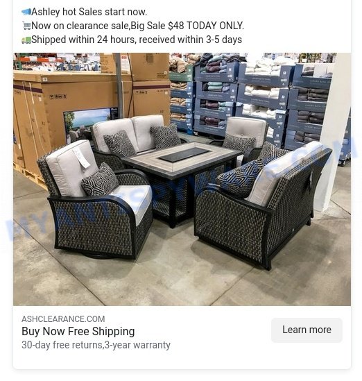 Ashclearance.com Ashley Store Scam facebook ads