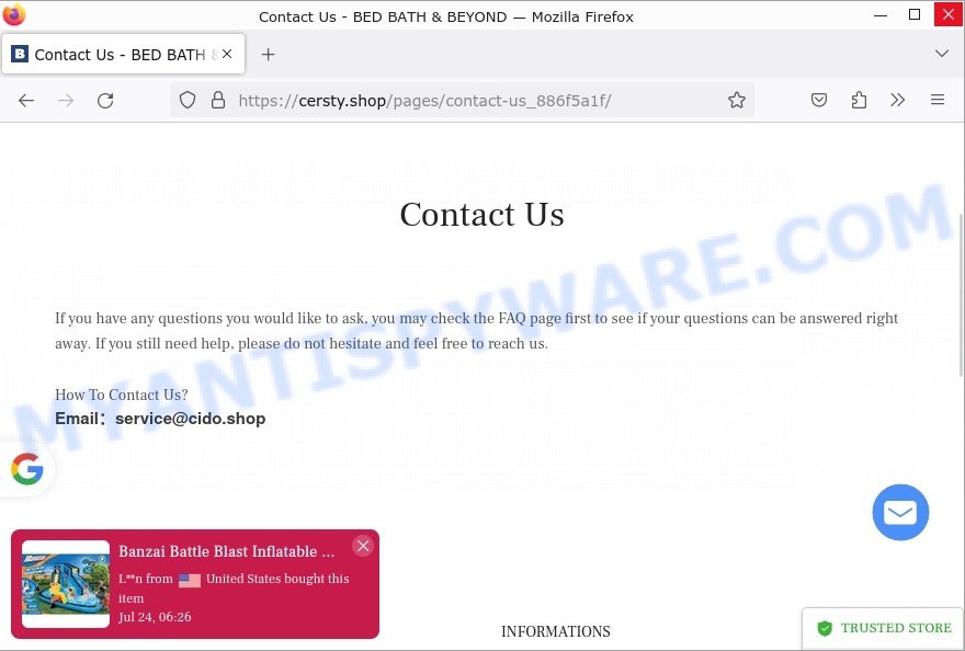 Cersty.shop BED BATH BEYOND Scam contacts