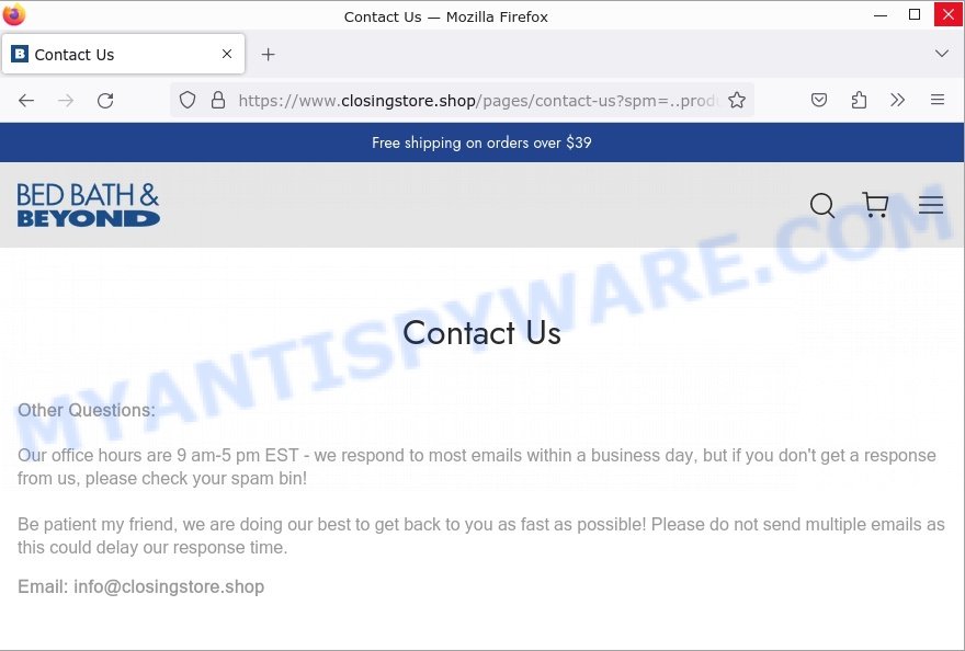 Closingstore.shop BED BATH & BEYOND Scam contacts