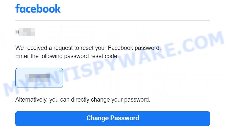 Facebook Account Recovery Code Scam message