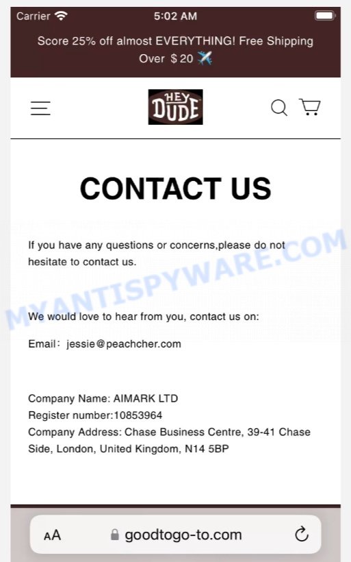 Goodtogo-to.com Hey Dude Scam contacts