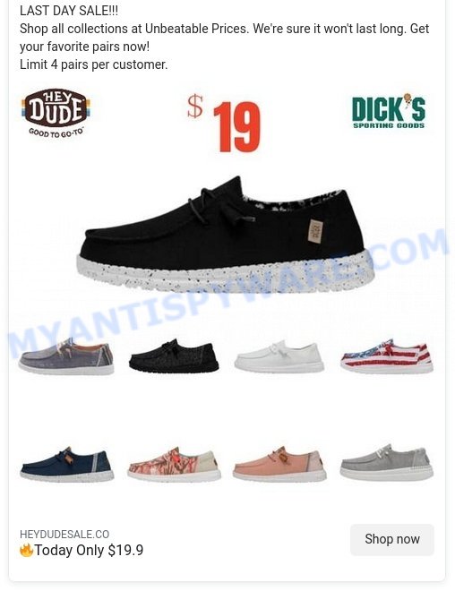 Hey Dude Shoes $19.99 Sale Scam facebook ads 1