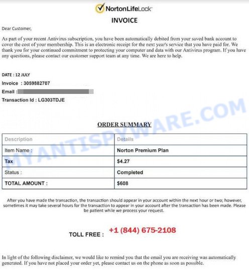 Norton LifeLock INVOICE Email scam
