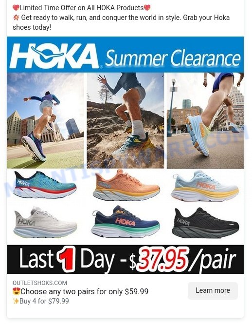 Outletshoks.com HOKA Summer Clearance Scam facebook ads