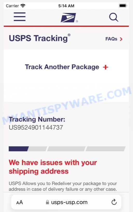 USPS Package has Arrived at Warehouse Scam website