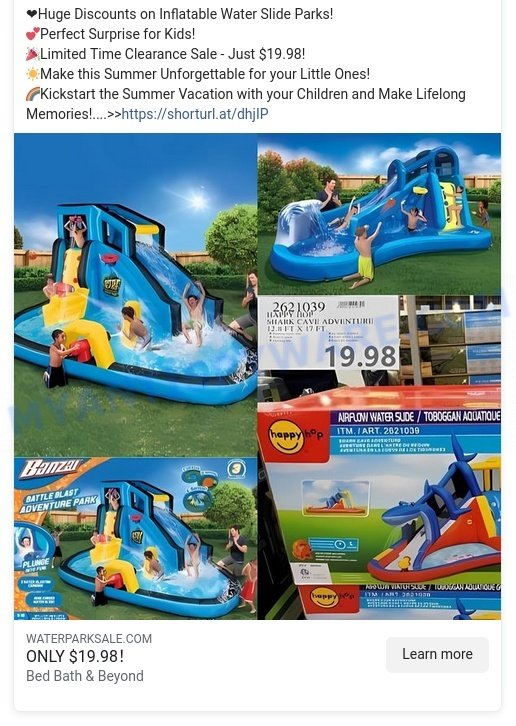 Waterparksale.com Bed Bath Beyond Scam facebook ads