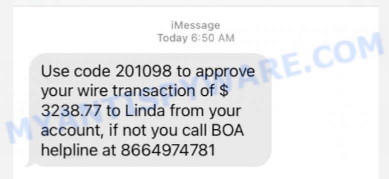 BOA Wire transaction Alert Scam text